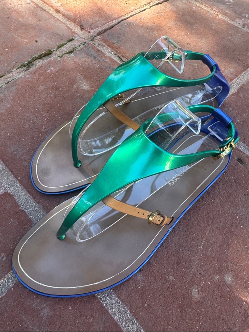 VINTAGE Sergio Rossi Jelly Sandals Cleo Green Blue Tan Colorblock Size 36 - Picture 6 of 11